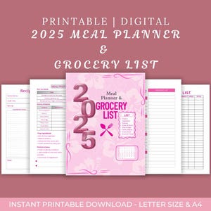 Meal Planner & Grocery List Printable – Weekly Menu, Shopping Tracker, Meal Prep and Recipe Organizer | Kitchen PDF | Instant Download