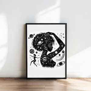 Aquarius Zodiac Art: Celestial Afro Goddess Print (Digital Download)