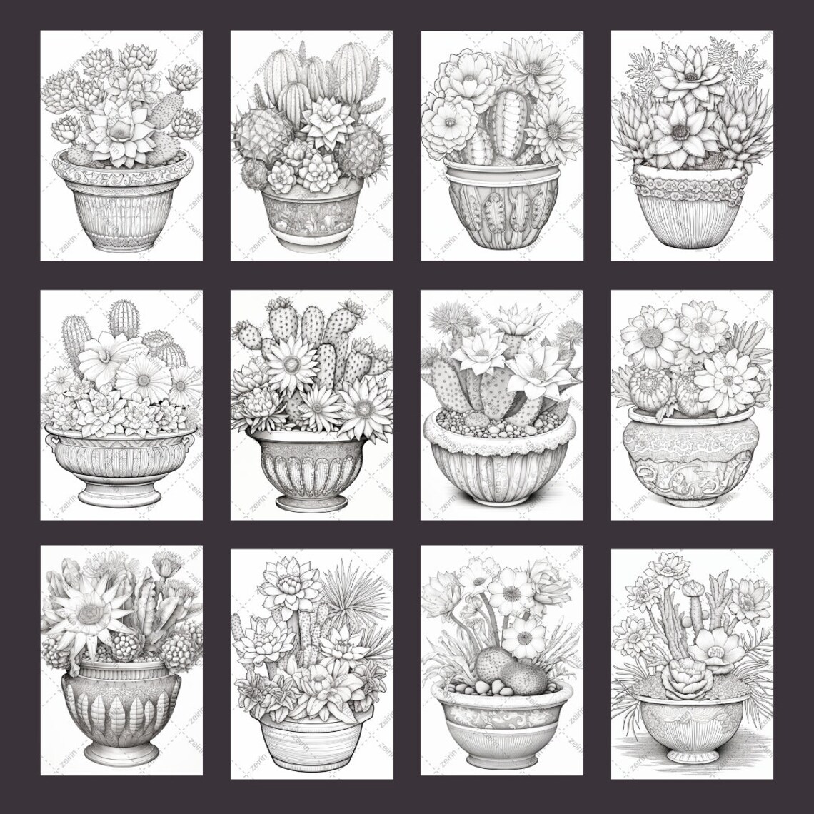 50 Cactus Adult Coloring Pages Printable, Grayscale Coloring Books ...