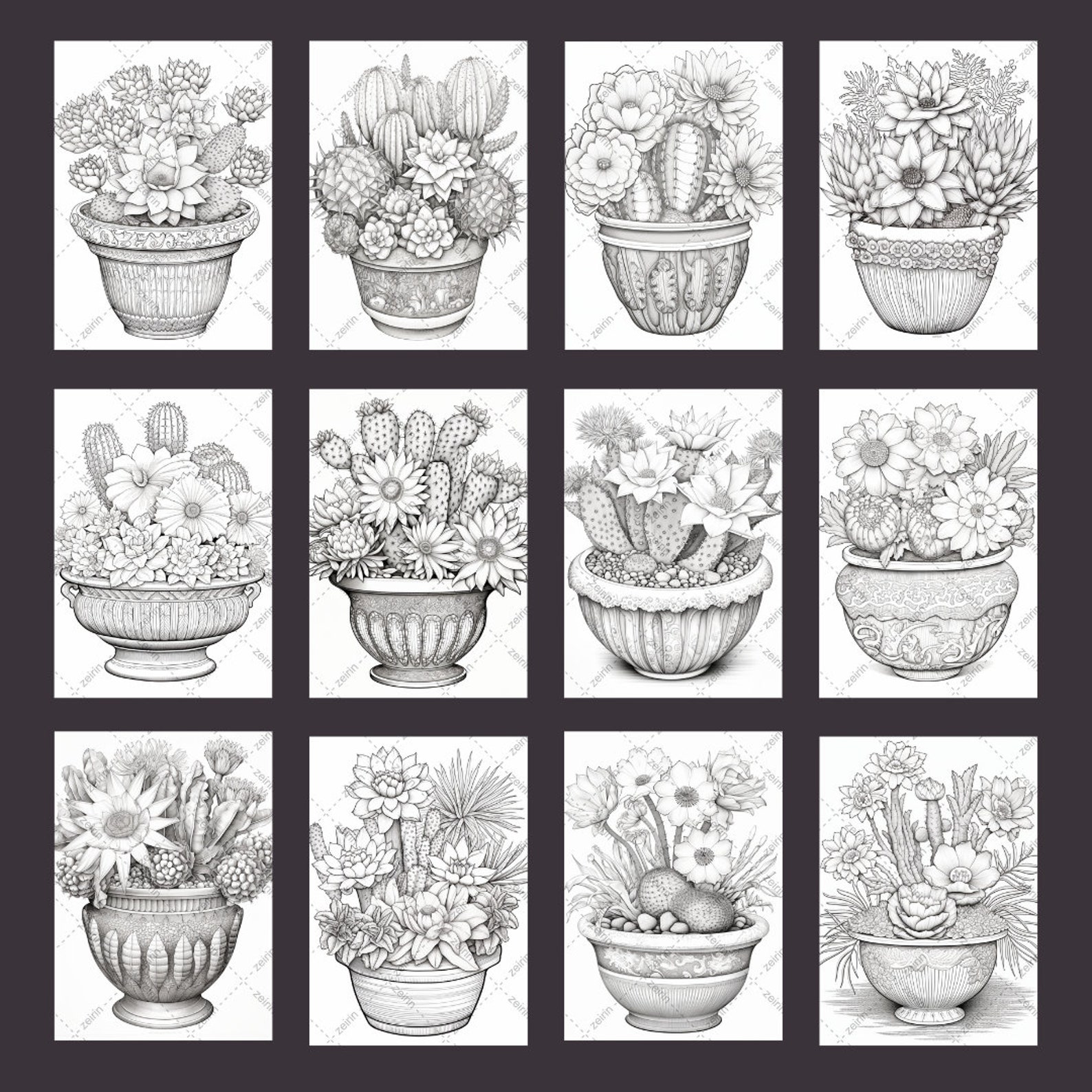 50 Cactus Adult Coloring Pages Printable, Grayscale Coloring Books