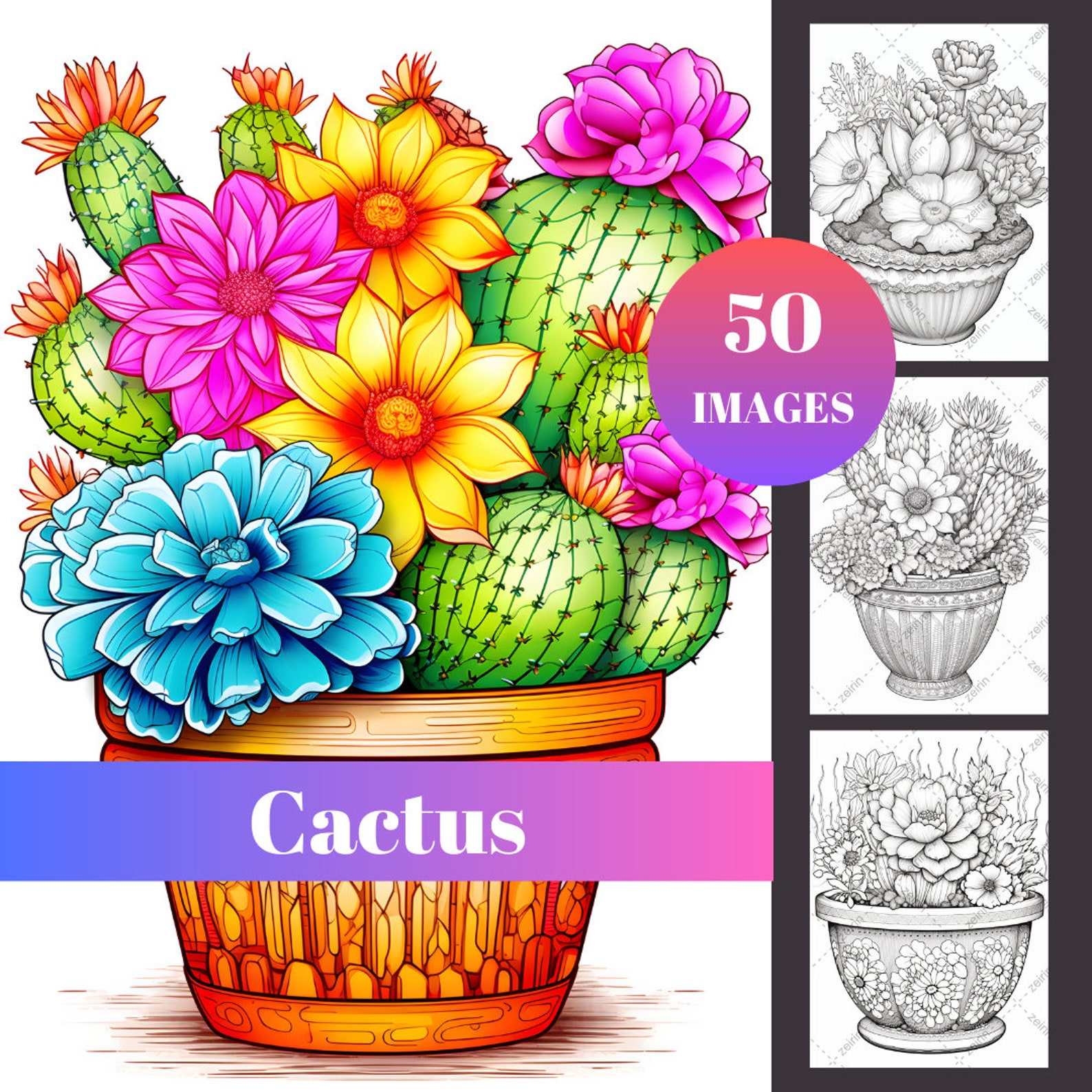 50 Cactus Adult Coloring Pages Printable, Grayscale Coloring Books ...