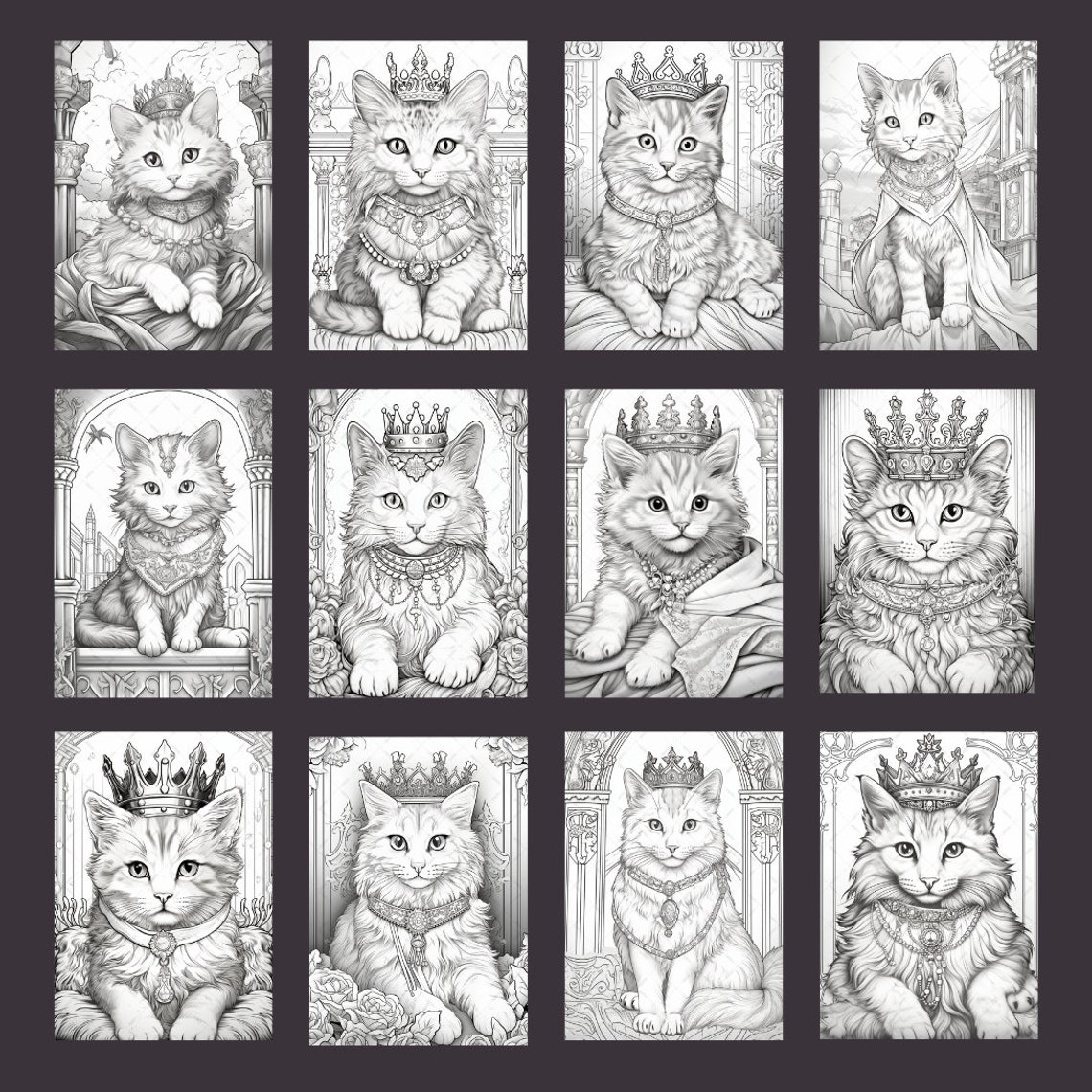 25 Cat Queen Adult Coloring Pages Printable, Grayscale Coloring Books