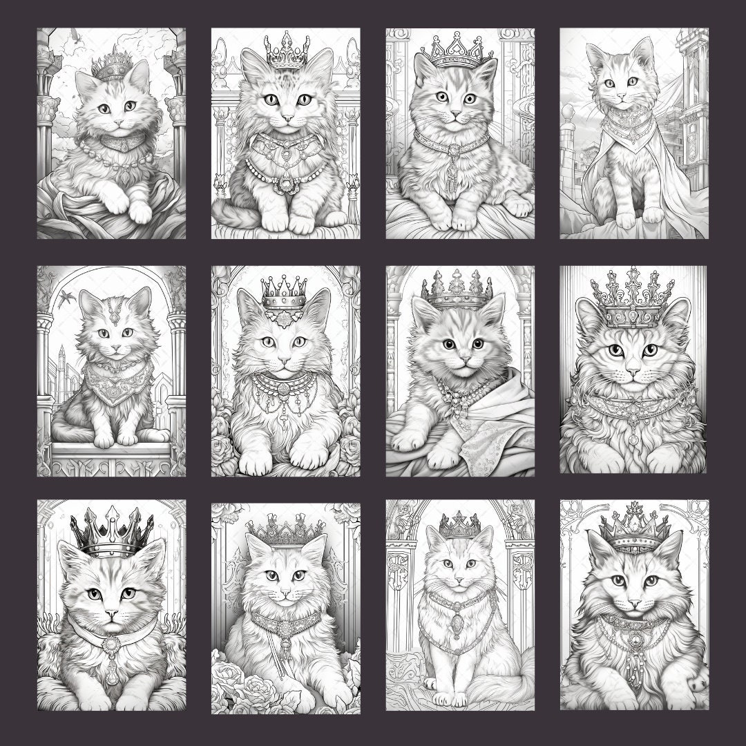 25 Cat Queen Adult Coloring Pages Printable, Grayscale Coloring Books