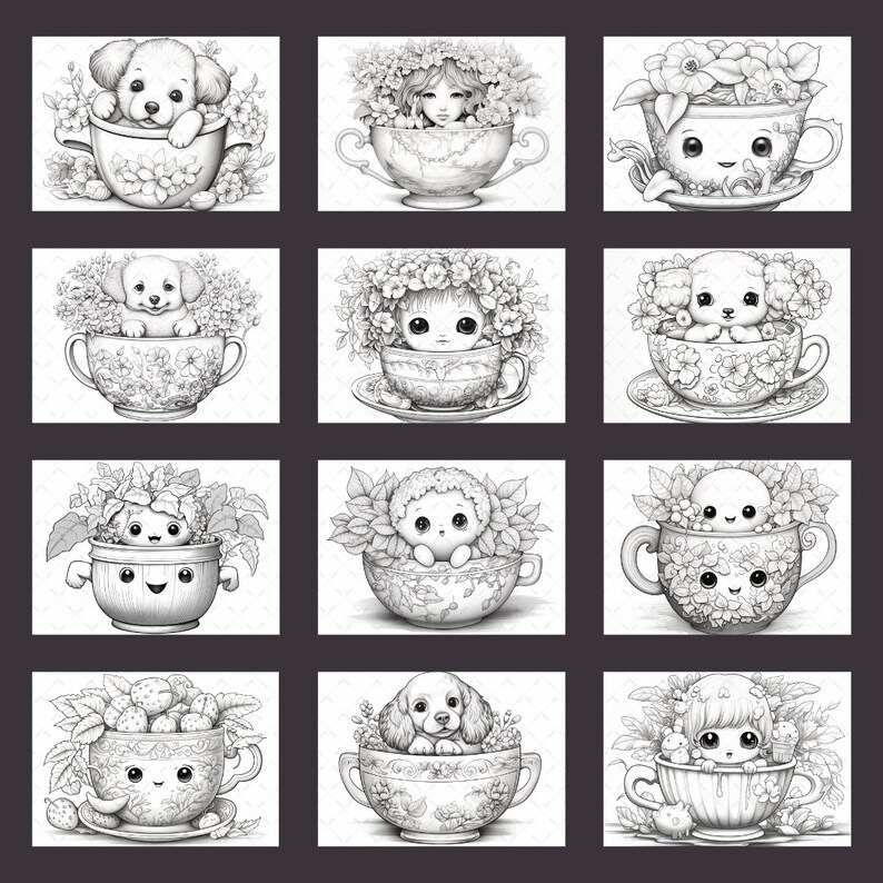 47 the Cutie Cup Tea Adult Coloring Pages Printable, Grayscale Coloring ...