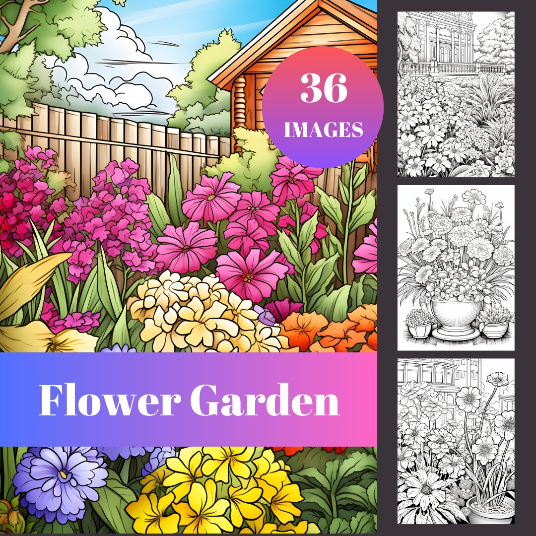 36 Flower Garden Adult Coloring Pages Printable, Grayscale Coloring ...