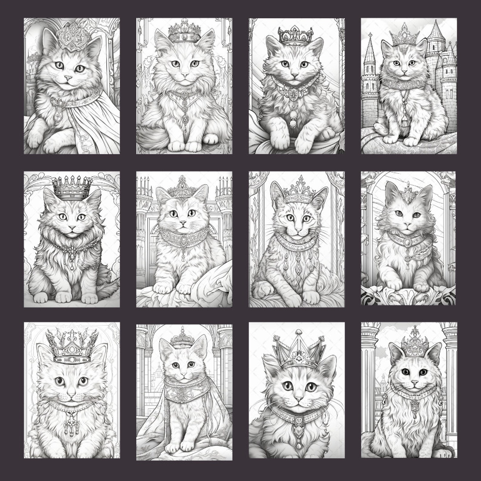 25 Cat Queen Adult Coloring Pages Printable, Grayscale Coloring Books