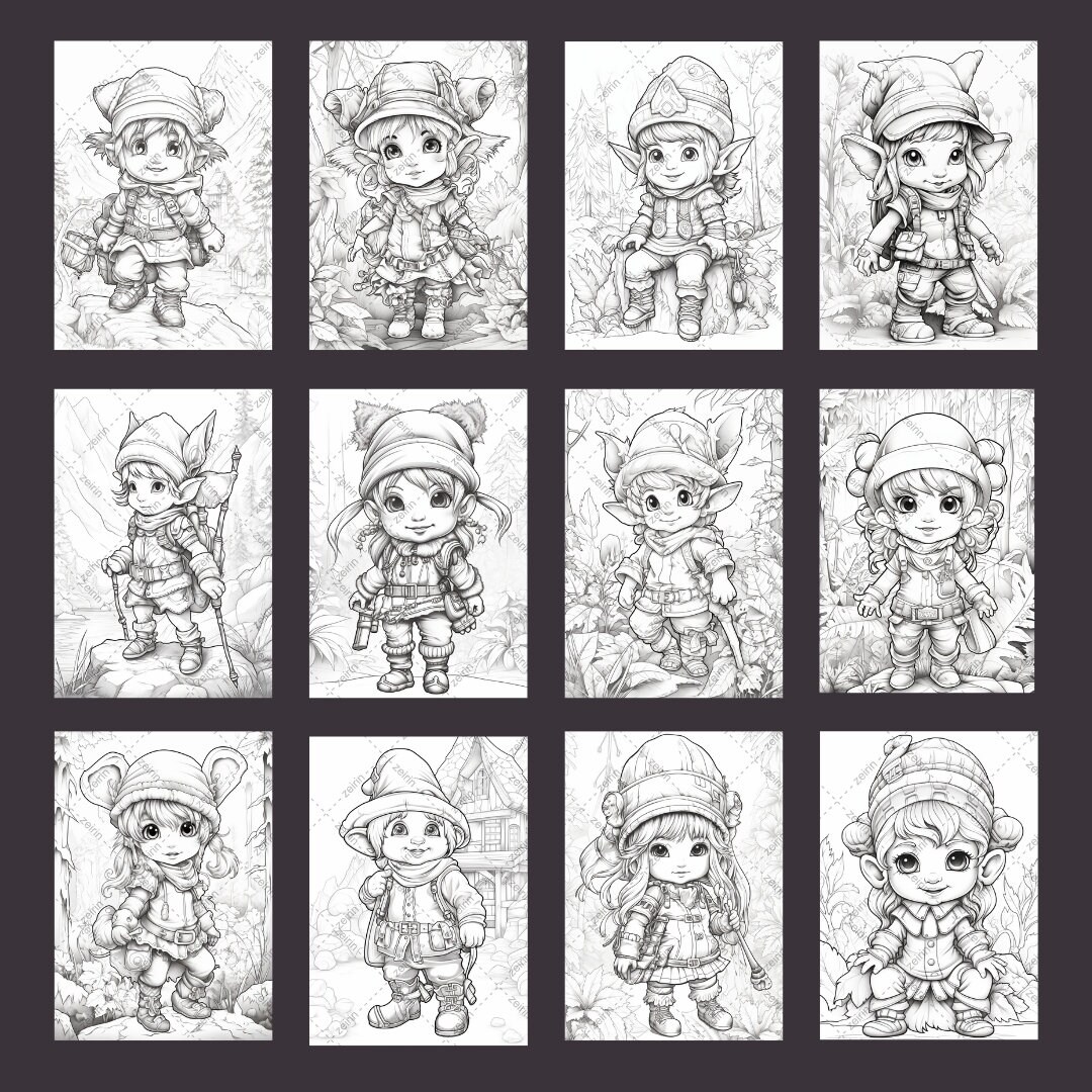 35 Cute Gnome Adult Coloring Pages Printable, Grayscale Coloring Books. Coloring Pages for