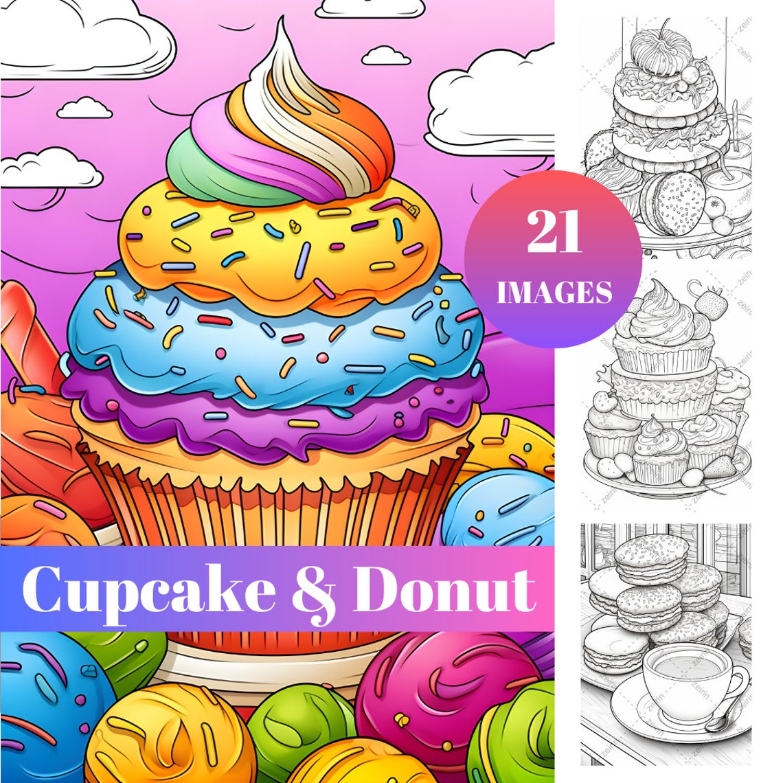 21 Cupcake Donut Macaron, Adult Coloring Pages Printable, Grayscale