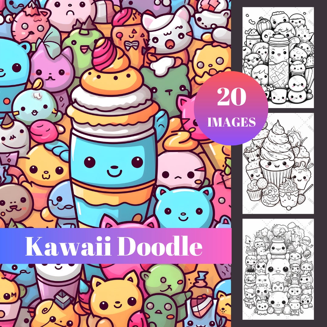 20 Kawaii Doodle Adult Coloring Pages Printable. Coloring - Etsy