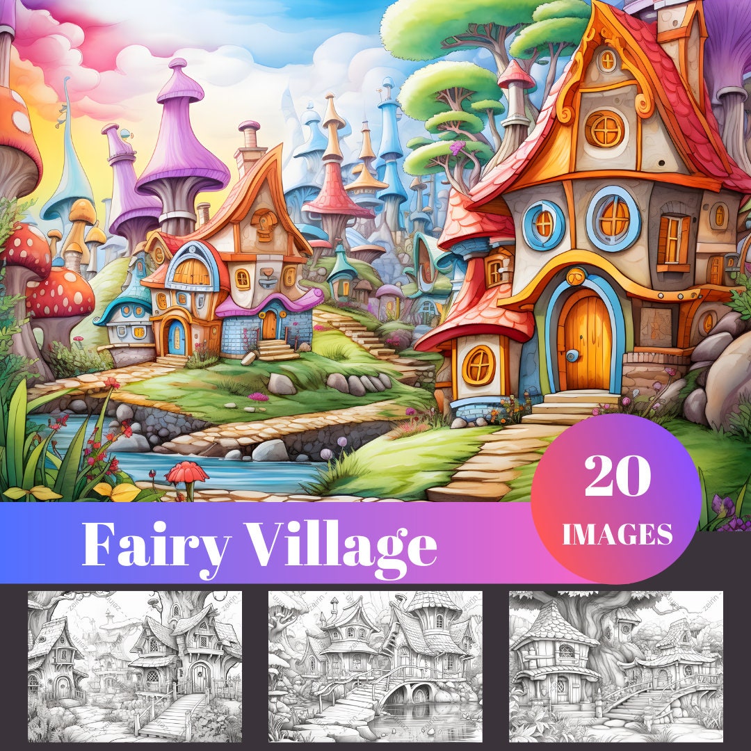 20 Fairy Village Adult Coloring Pages Printable, Grayscale Coloring