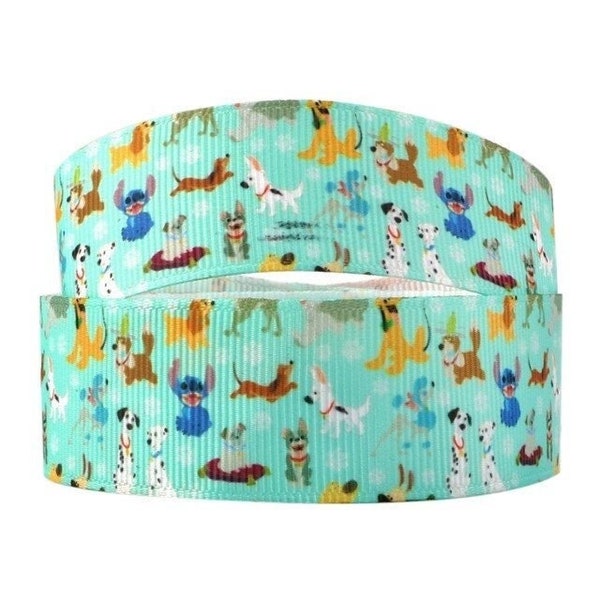 Disney Dogs Ribbon 1" and 1.5" High Quality Grosgrain Ribbon | By The Yard Teal Background Stitch Dalmatians Pluto More