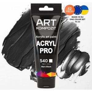 May include: Black tube of "ART KOMPOZIT" acrylic art paint, "ACRYL PRO" series. The tube is labeled "540 Mars Black" and contains 75 ml of paint. The image includes a swatch of black paint and a "12 pieces" sticker.