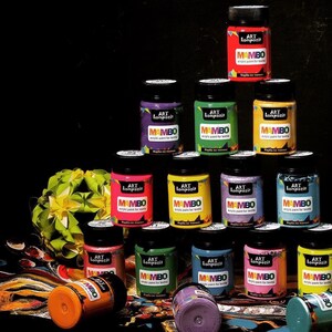 May include: A collection of 14 small paint bottles with colourful lids. The bottles are labelled "Art Lonpozit Mambo Acrylic Paint for Textile".