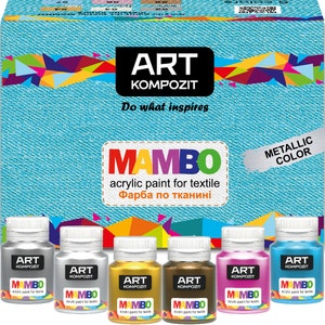 a set of five different colors of art paint