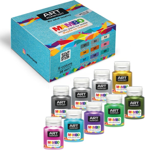 Metallic Acrylic Fabric Paint Set - 9 Colors 20 ml 0.67 fl oz for Clothing Textiles Leather T-shirts and Sneakers - Made in Europe by MAMBO