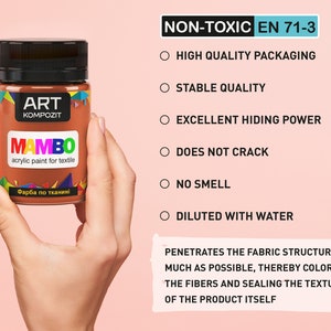 May include: A brown bottle of Mambo acrylic paint for textile. The bottle is labeled "Art Kompozit" and "Mambo acrylic paint for textile". The bottle is non-toxic and meets EN 71-3 standards. The paint is diluted with water and has no smell. It penetrates the fabric structure as much as possible, thereby coloring the fibers and sealing the texture of the product itself.