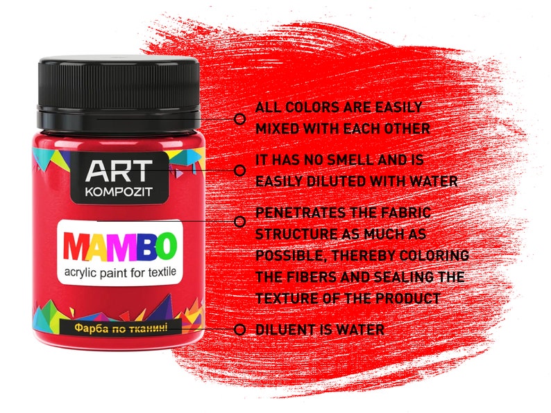May include: A red bottle of acrylic paint for textile. The bottle is labeled "Art Kompozit Mambo" and "acrylic paint for textile". The text "All colors are easily mixed with each other. It has no smell and is easily diluted with water. Penetrates the fabric structure as much as possible, thereby coloring the fibers and sealing the texture of the product. Diluent is water." is printed on the background.