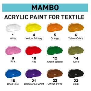 May include: A set of 12 acrylic paints for textile in various colours, including white, yellow, orange, red, pink, green, olive, blue, purple, brown, and black. The paint tubes are labelled with numbers and colour names.