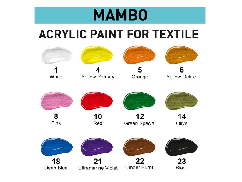 May include: A set of 12 acrylic paints for textile in various colours, including white, yellow, orange, red, pink, green, olive, blue, purple, brown, and black. The paint tubes are labelled with numbers and colour names.