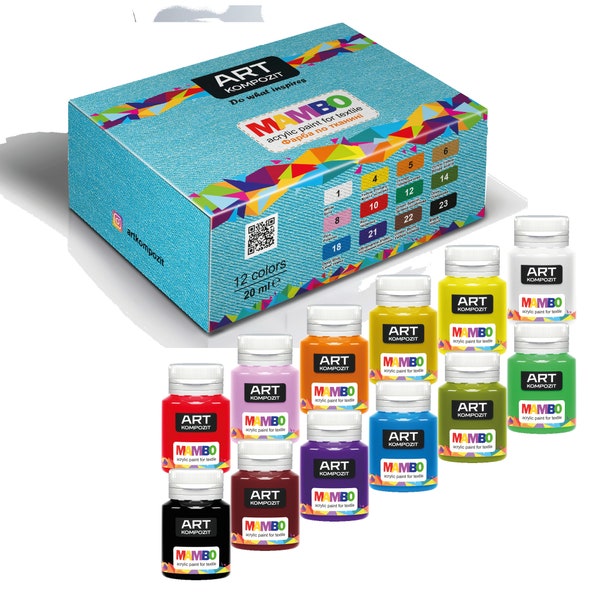 Acrylic Fabric Paint Set - 12 x 20ml Each - Clothes, Textile, Leather, T-shirts, Sneakers - Made in Europe