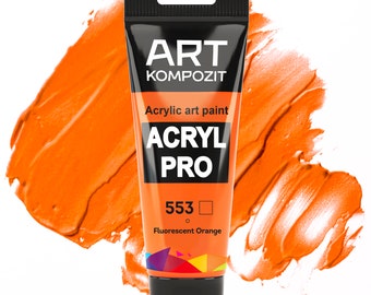 Könnte beinhalten: Eine Tube fluoreszierender orangefarbener Acrylfarbe von Art Kompozit. Die Tube ist mit "Acry Pro" beschriftet und trägt die Nummer "553".
