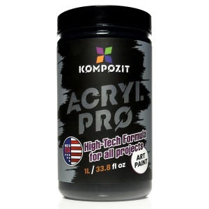May include: A black Kompozit Acryl Pro art paint container. The label features the text "High-Tech Formula for all projects" and "1L / 33.8 fl oz". The container has a black lid and a USA flag emblem.
