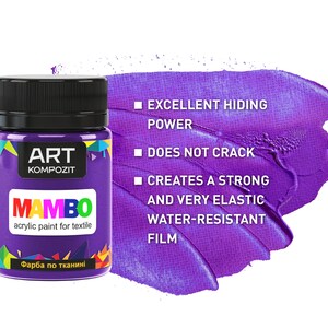 May include: A purple bottle of acrylic paint for textile. The bottle is labelled "ART KOMPOZIT MAMBO acrylic paint for textile" and "Фарба по тканині". The bottle has a black lid and a white label with black text. The bottle is sitting on a purple background with text that reads "EXCELLENT HIDING POWER", "DOES NOT CRACK", "CREATES A STRONG AND VERY ELASTIC WATER-RESISTANT FILM".