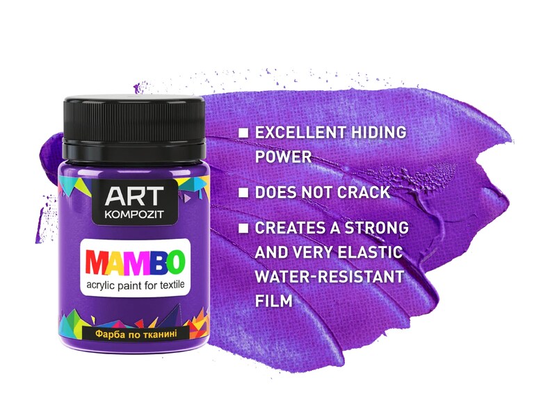 May include: A purple bottle of acrylic paint for textile. The bottle is labelled "ART KOMPOZIT MAMBO acrylic paint for textile" and "Фарба по тканині". The bottle has a black lid and a white label with black text. The bottle is sitting on a purple background with text that reads "EXCELLENT HIDING POWER", "DOES NOT CRACK", "CREATES A STRONG AND VERY ELASTIC WATER-RESISTANT FILM".