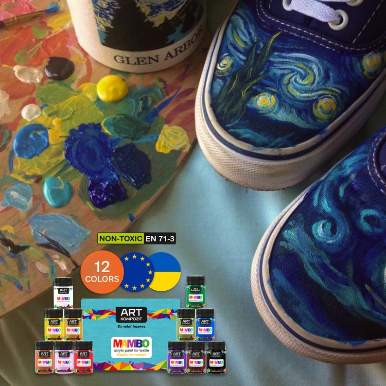 May include: A set of 12 acrylic paint bottles in various colours, labelled "MAMBO" and "ART KOMPOZIT". The paint is non-toxic and suitable for textiles. Two pairs of trainers are painted with a starry night design.