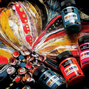May include: Four bottles of acrylic paint for textile, labeled "MAMBO" in a colorful abstract background. The paint colors are turquoise, pink, orange, and blue.