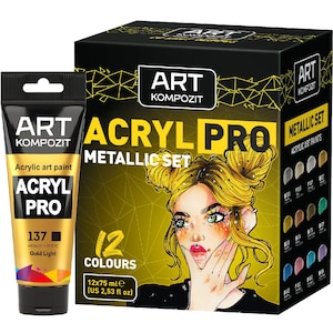 Professional Metallic Soft Body Acrylic Paint Set - 12 Colors 75 mL 254 fl oz - for Artists on Canvas, Wood, Glass, Plastic, Fabric