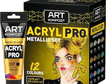 Professional Metallic Soft Body Acrylic Paint Set - 12 Colors 75 mL 254 fl oz - for Artists on Canvas, Wood, Glass, Plastic, Fabric