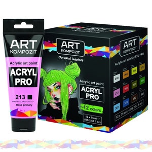 May include: A set of 12 acrylic paints in a box with a colourful design. The box includes a tube of rose primary acrylic paint. The paint is labelled "Art Kompozit Acryl Pro" and is 75 ml (2.53 fl oz).