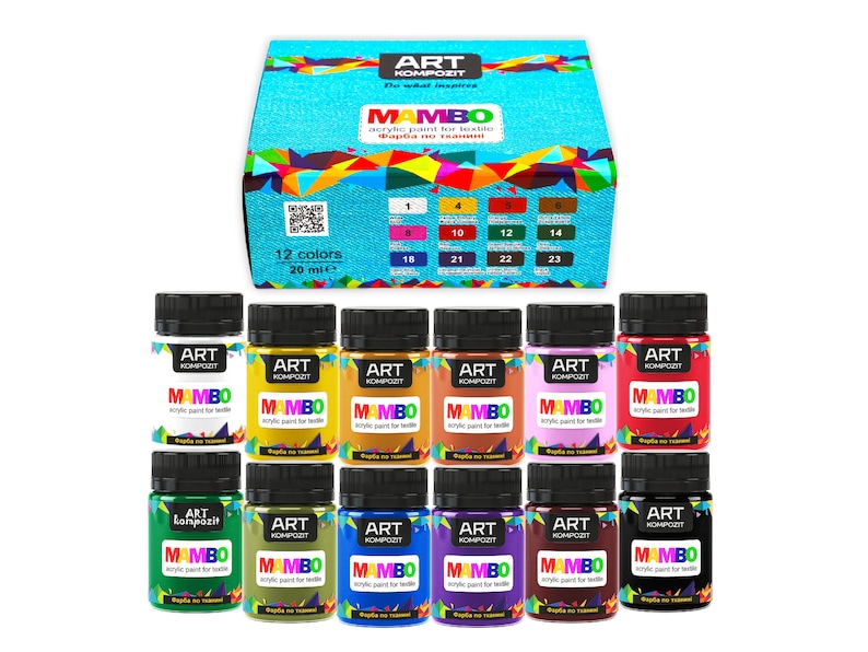 May include: A set of 12 acrylic paint bottles for fabric, labeled "MAMBO" by Art Kompozit. Each bottle is 20 ml and features a different color, including white, gold, yellow, orange, pink, red, green, brown, blue, purple, maroon, and black.