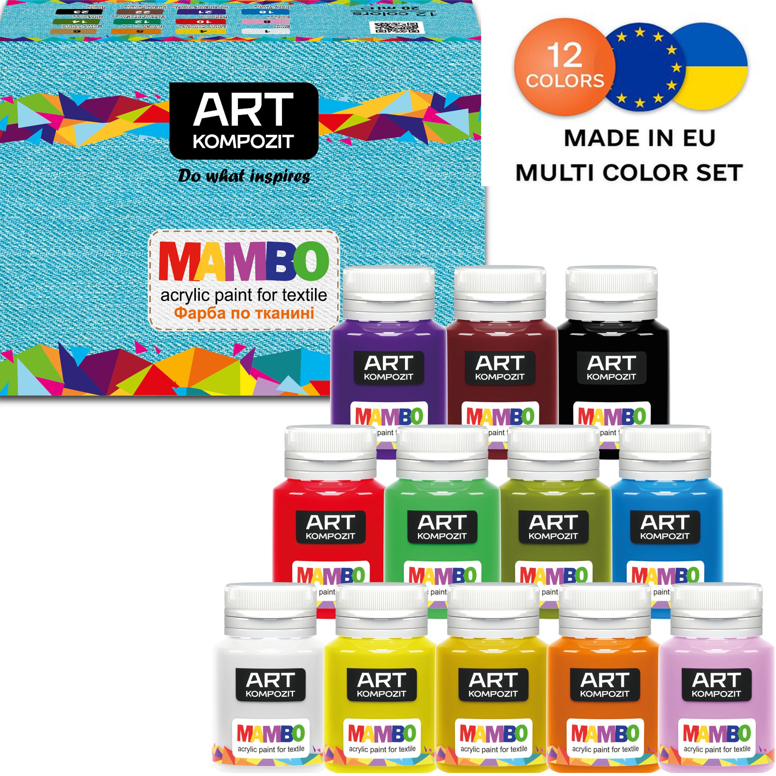 Acrylic Fabric Paint Set 12 colors 20 ml (0.67 Fl Oz) For Clothes | Textile  | Leather | T-shirt | Sneakers | Made in Europe | MAMBO | KOMPOZIT
