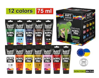 ArtKompozit Acrylic paint Set of 12x2.6 fl oz/75 ml kids paint kit, acrylic paints for artists, set of acrylic tube paint, paint by number