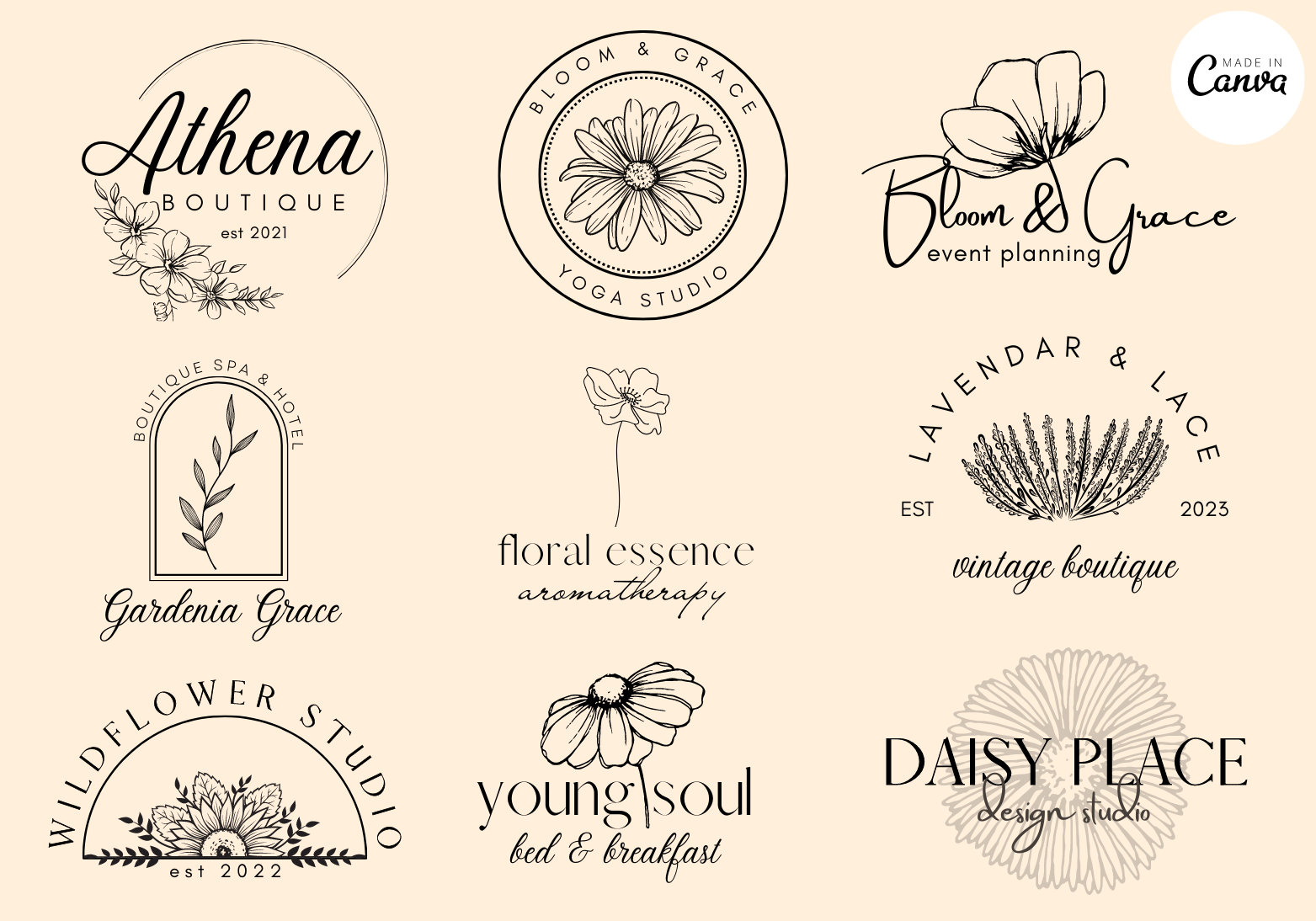 9 FLORAL INSPIRED LOGOS - editable on canva - flower designed