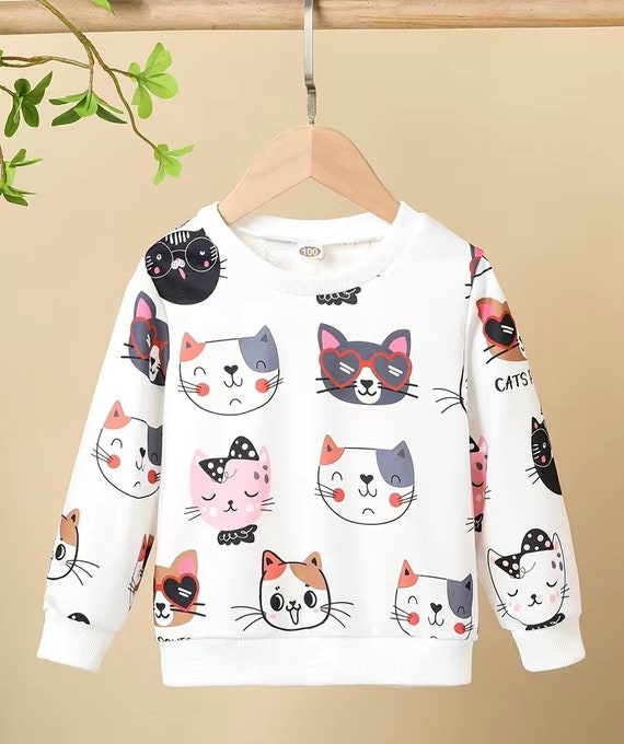 Girls Kitty Sweatshirt Long Sleeve Toddler Crew Neck Sweatshirt