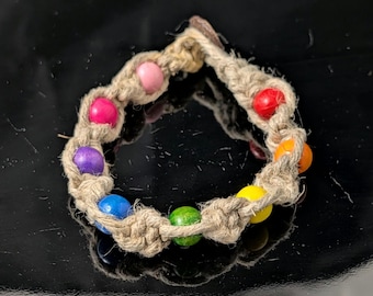 8-Inch - Small MJK Helix Rainbow Hemp Bracelet - Wood Beads with Button