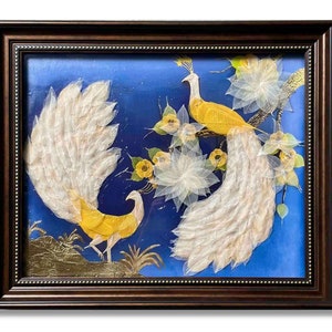 Peacock Love Duo - Handmade With Real Bodhi Leaf - LED (included) - Wall Art - FengShui - Framed - Ready to Hang