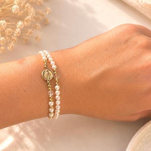 Catholic Stretch Rosary Bracelet, 5 Decade Mini Rosary, Gemstone or Pearl, Gold-Tone Charm