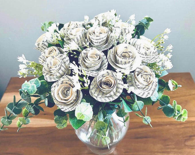 Book Page Paper Rose Bouquet – Long Stem Literary Flowers (Optional Book Vase)