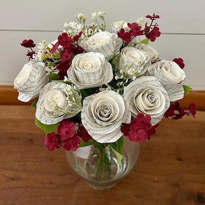 Custom Long Stem Book Page Roses, Paper Roses, Paper Flower Bouquets - With Option to Add on Acrylic Book Vase