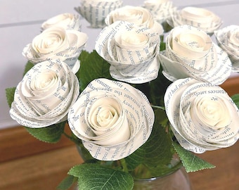 Song Lyric or Wedding Vow Paper Rose Bouquet – With Leaf Accents