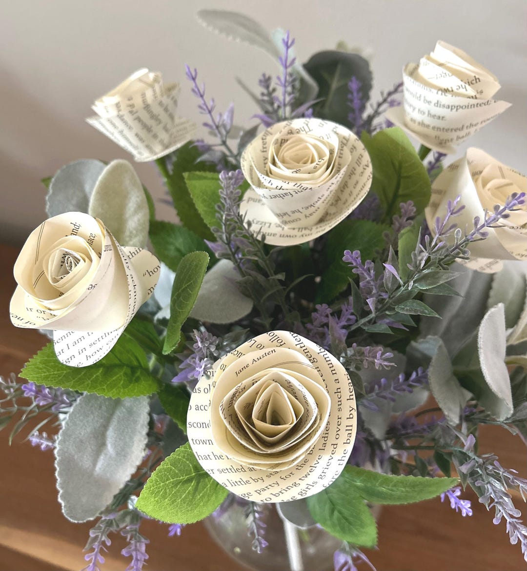 Custom Long Stem Book Page Roses Paper Flower Bouquets - Add on Acrylic ...