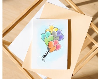Pastel Balloons Birthday Card, Digital Download
