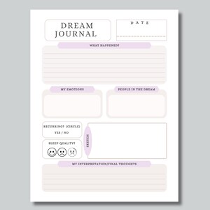May include: A white Dream Journal with lavender accents. The journal includes sections for recording dreams, emotions, and interpretations. Features prompts for 'What Happened?', 'My Emotions', and 'Sketch'. Includes a 'Sleep Quality' section with smiley faces.