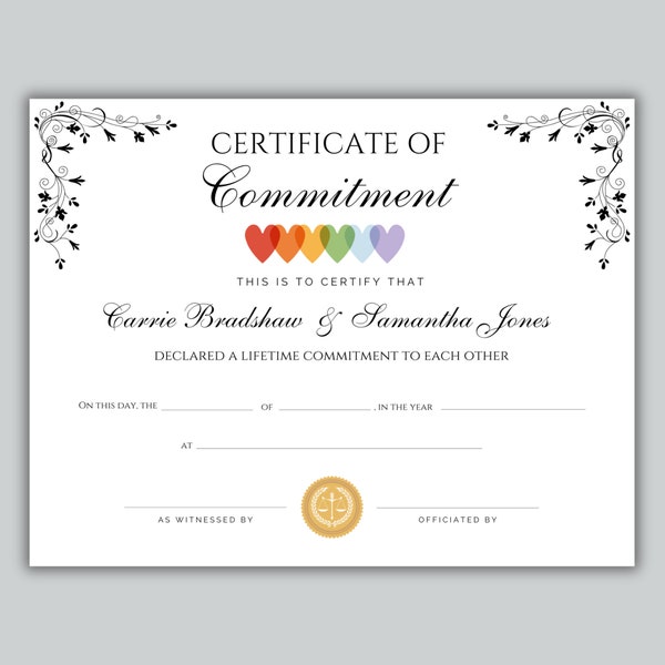 Marriage Certificate, Certificate of Commitment, Commitment Ceremony, Editable Template