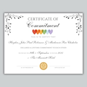 Certificado de Ceremonia de Compromiso LGBTQ+ del Orgullo: Plantilla editable (PDF digital)