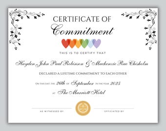 Pride LGBTQ+ Commitment Ceremony Certificate: Editable Template (Digital PDF)